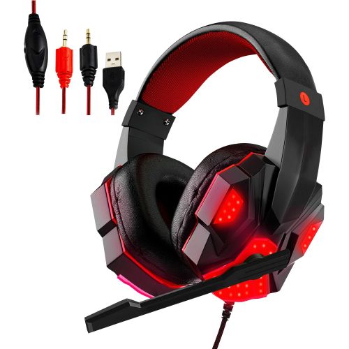 Gaming Headset for PS4 PC One PS5 Console Controller; Noise Cancelling Microphone Over Ear Stereo Headphones with Mic; LED Light; Bass Surround; Earmu